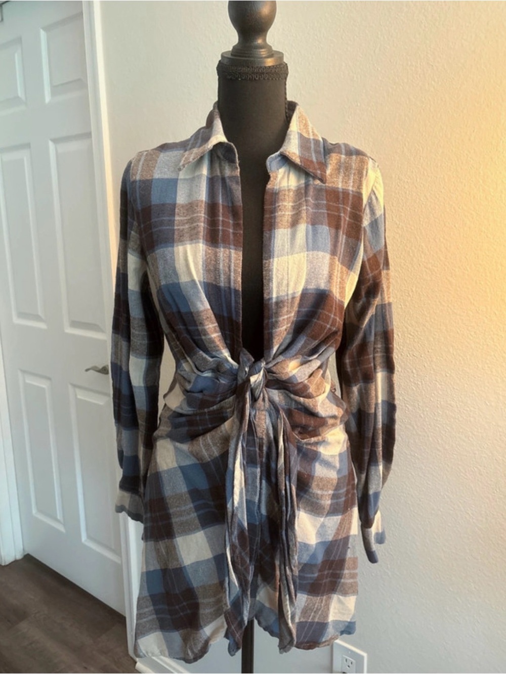 NWOT Fashion Nova Blue Brown Plaid Long Sleeve Tie-Front Dress